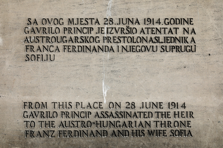 Sign at the place where the June 1914 killing took place in Sarajevo, Bosnia & Herzegovina, 2020 (photo)