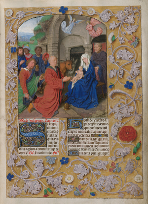 Adoration of the Magi.
Temporale; the Feast of the Epiphany.The Holy Family, with kneeling Magi and angels above.Text with decorated initial 'S'. Borders of trompe l'oeil decoration with acanthus and flowers.