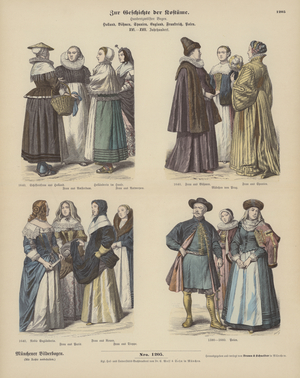 Dutch, Bohemian, Spanish, English, French and Polish, costumes, 16th - 17th Century (coloured engraving)