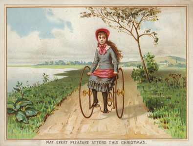 Girl riding a tricycle in the country (chromolitho)