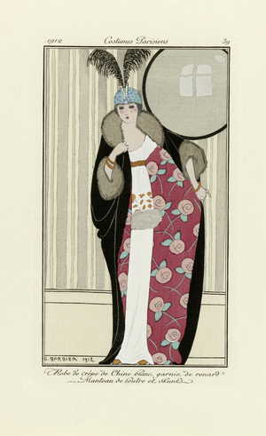 Design for dress made from Crepe de Chine and Fur Coat, from Costumes Parisien, pub.1912 (pochoir print)