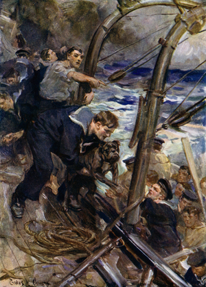 How Norah the bulldog was saved from the sinking battleship (colour litho)