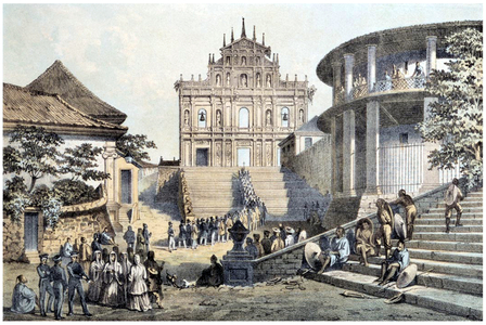 China: The facade of St. Paul's Church, titled 'Jesuit Convent, Macau', Wilhelm Heine (1827-1885), 1854 (colour litho)