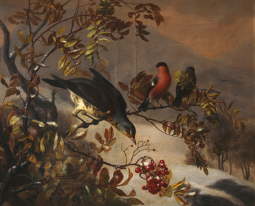 Birds on a rowanberry twig, 1865 (oil on canvas)