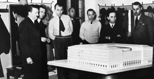 Adolf Hitler with the modell of the 'House of Tourism', 1937 (b/w photo)
