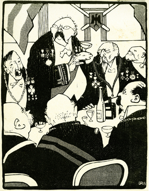 European leaders make a toast during a conference, 1908. (litho).