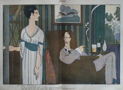 The pacifist husband, illustration from 'La Baionnette', 2nd September 1915 (colour litho)