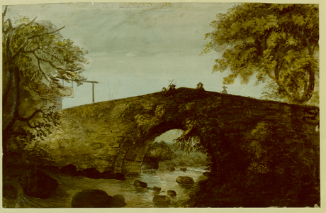 Figures standing on Ivy Bridge; a tavern sign to the left; the River Erme below; trees to the left and right
