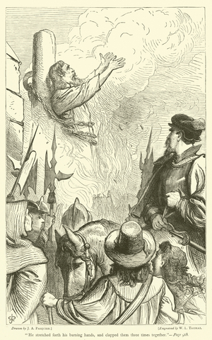"He stretched forth his burning hands, and clapped them three times together" (engraving)