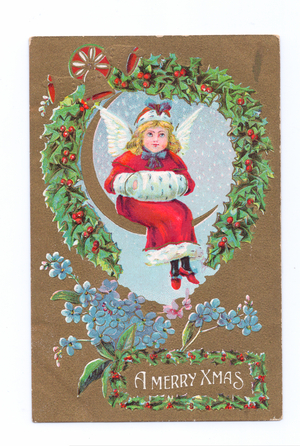 Edwardian Christmas postcard of an angel sitting on a crescent moon in the falling snow, c.1910 (colour litho)