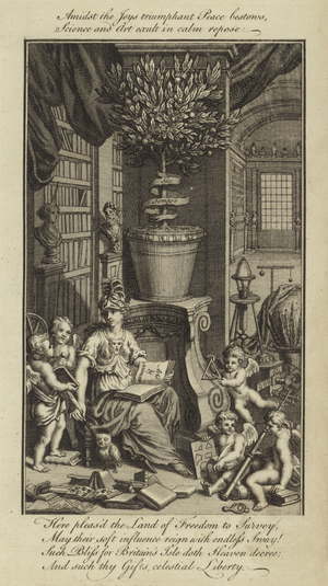 Admist the Joys triumphant Peace bestows, Science and Art exult in calm repose (engraving)