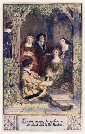 In the evening he gathers us alle about him in the Pavilion (colour litho)