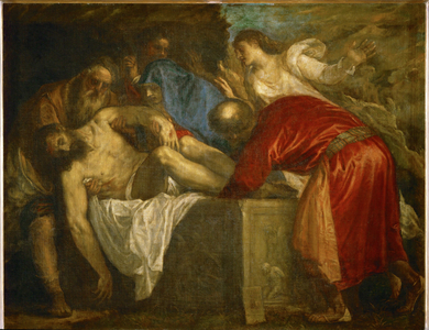 The Entombment, with self-portrait of Titian as Joseph of Arimathea, supporting the body of Christ (painting on canvas)