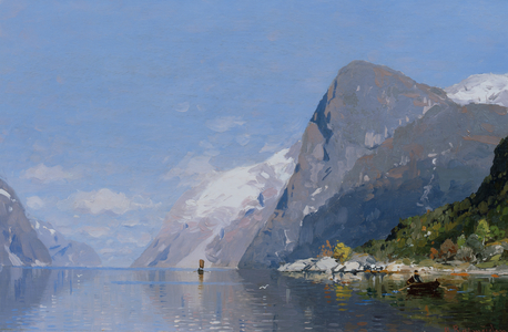 Fjordlandscape with boats (oil on canvas)