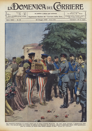 A unique ceremony took place in Lucca for the visit of Benito Mussolini (colour litho)