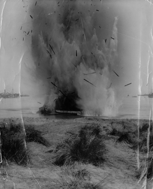 A Ship Explodiing, (b/w photo)