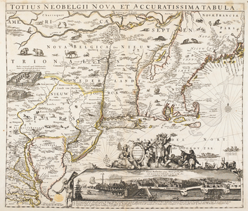 A map of New Belgium. An inset view of New York at lower right, known as the "Restitutio" and celebrating the restoration of New Amsterdam to Holland in 1673