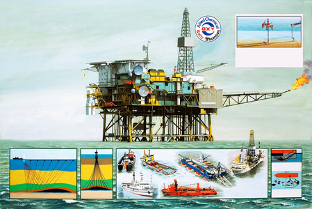 The Story of Oil: The Rigs That Reap a Rich Harvest (gouache on paper)