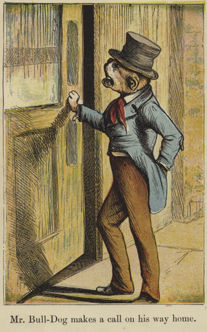 Mr Bull-Dog makes a call on his way home (colour litho)