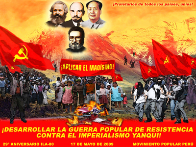 Peru: Sendero Luminoso propaganda poster - 'Support the People's War of Resistance Against Yankee Imperialism!' featuring Marx, Lenin, Mao Zedong and the Sendero Luminoso leader Abimael Guzman