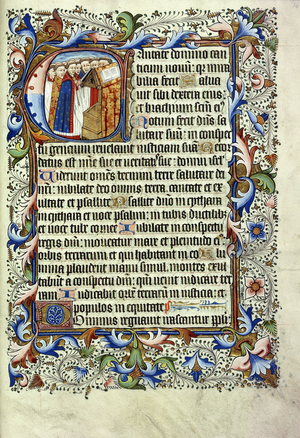 A page from a psalter in Latin, with a historiated initial depicting a group of monks standing before a lectern chanting, c.1455 (illuminated manuscript on vellum)