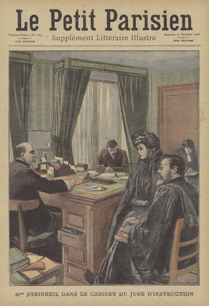Marguerite Steinheil in the office of the judge (colour litho)