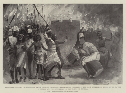 The Soudan Advance, the Dilluka, or Native Dance, at the Sirdar's Headquarters performed by the Black Regiments in Honour of the Capture of Berber and the Anniversary of the Taking of Dongola (litho)