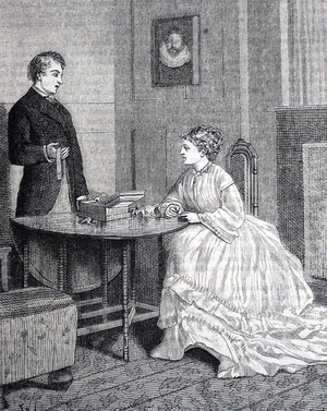 Female seated with her sewing case on the table, 1882