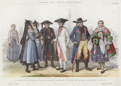 Caucasian Race, Teutons, North Germans (coloured engraving)