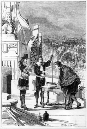 Blaise Pascal (1623-1662) French mathematician, physicist and religious philosopher. Pascal carrying out experiments with the mercury barometer on the tower of St Jacques-la-Boucherie, Paris. From La Nature. (Paris, 1878). Engraving.