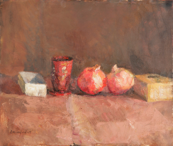 The Red Lacquer Vase and Two Pomegranates, 2005 (oil on canvas)