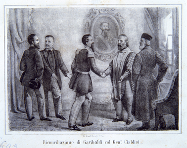 The Reconciliation of Garibaldi with General Cialdini, illustration from 'The History of Italy' (litho)