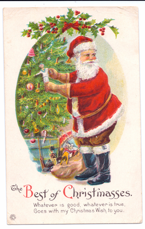 Edwardian Christmas postcard of Father Christmas dressing a Christmas tree, c.1910 (colour litho)