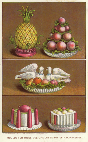 Ornamental moulds for creating iced foods in the shape of a pineapple, peaches and two doves (chromolitho)