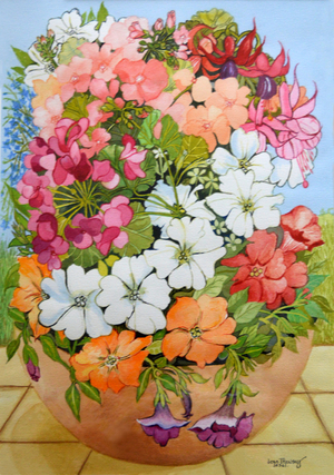 Petunias, Geraniums and Fuchsias in a Terrace Pot, 2005 (watercolour)