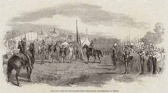 Interview between the Burmese Envoy and British Commissioners, at Prome (engraving)