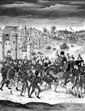 The unsuccessful "Maillotin uprising" a tax revolt in 1382, here coming out from Paris with their arms for affrontement with king Charles VI of France, 1382, engraving