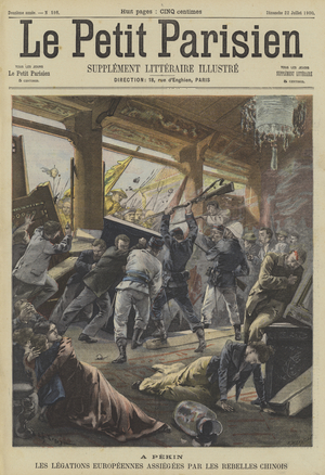 The Boxer Rebellion: siege of the foreign legations in Beijing (colour litho)