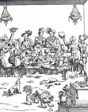 A woodcut engraving depicting a medieval banquet, 16th century
