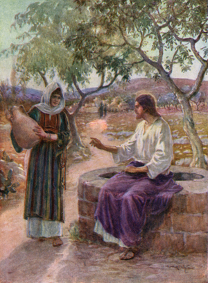 Jesus and the Woman of Samaria, John IV 5-26 (colour litho)