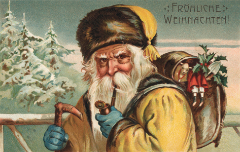 Christmas card, Santa Claus, smoking a pipe, carrying a knapsack of presents (colour litho)