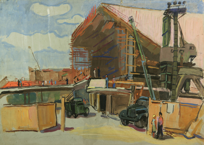 Building the Cinema Theatre 'Rossiya', Moscow, USSR, 1976 (tempera on paper)