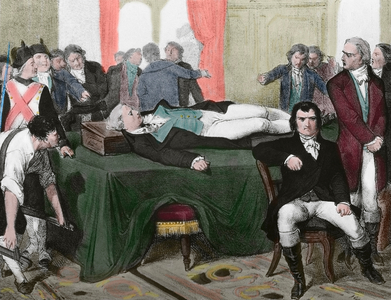 Maximilien Robespierre: Corpse exhibited at the Paris City Hall (coloured engraving)