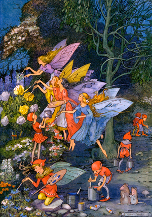 Fairies and elves painting flowers in the garden