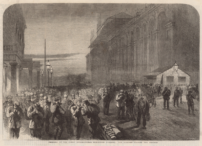 Progress of the Internation Exhibition Building: The workmen leaving the grounds (engraving)
