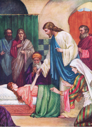 Jairus' daughter, from The Bible Picture Book published by Thomas Nelson, c.1950 (colour litho)