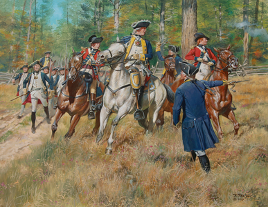 The Brunswick Troops Advance at the Battle of Freeman's Farm, 19th September 1777, 2017 (w/c & gouache on paper)
