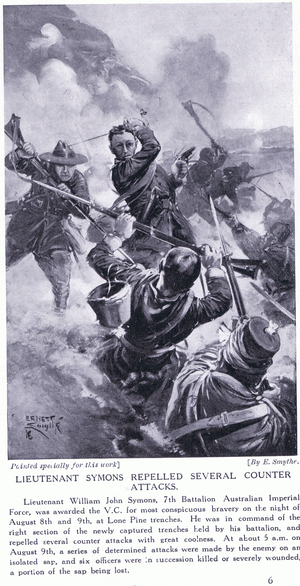 Lieutenant Symons won the VC for repelling several counter attacks at the Lone Pine trenches in Gallipoli August 1915 (litho)