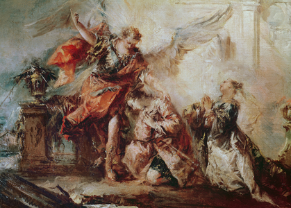 The Marriage of Tobias, detail of the couple Sara and Tobias before Raphael's intermediary giving thanks to God, c.1750 (oil on canvas)