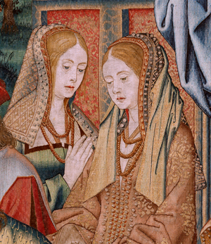 Flemish tapestry. Series The History of David and Bathsheba. Bathseba at her bath (Betsabé en el baño sorprendida por David). First panel of the series. Model Anonymous. Manufacture Unknown, Brussels, 1505. Fabric Gold, silk and wool.